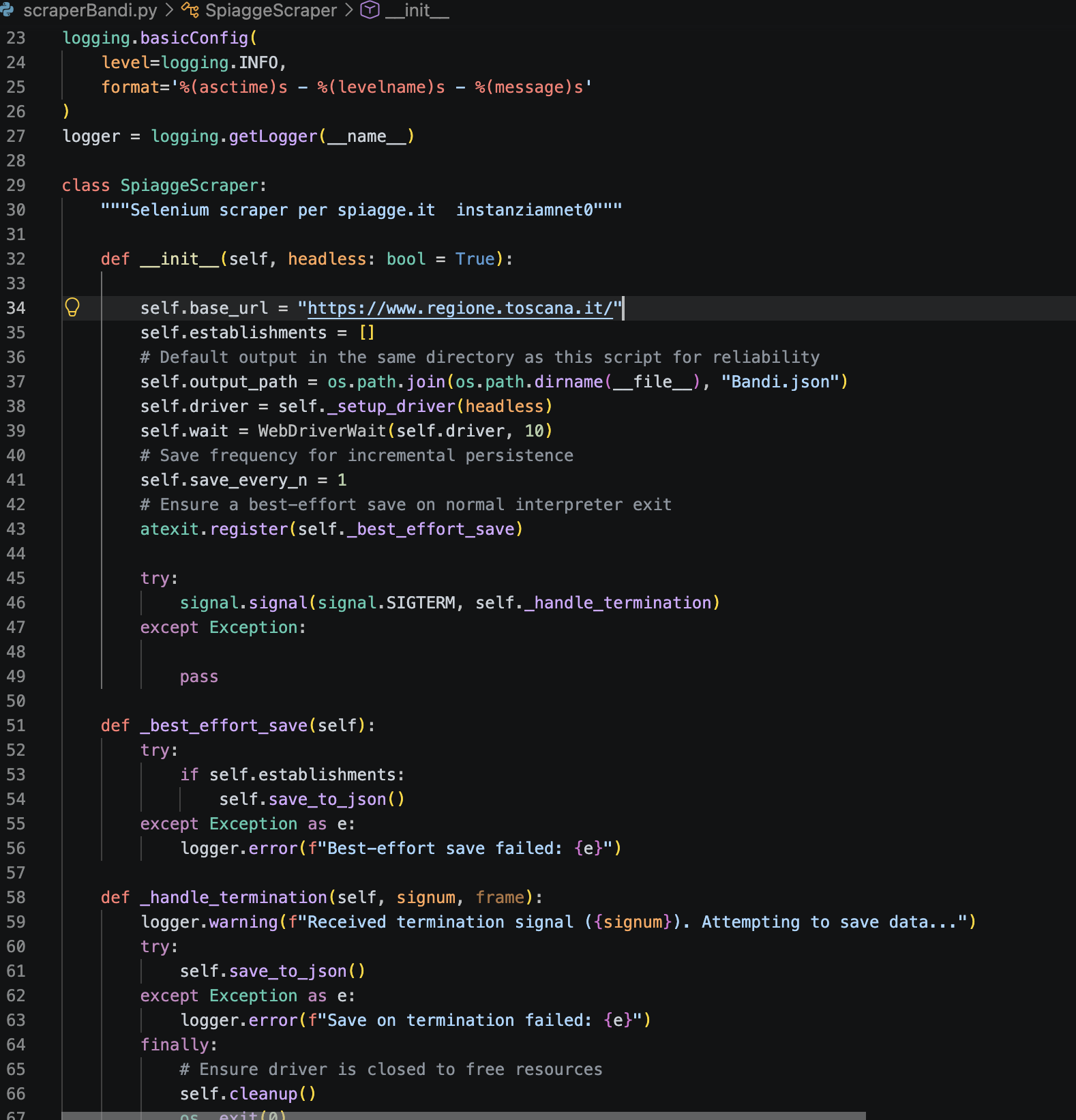 Screenshot codice Scraper